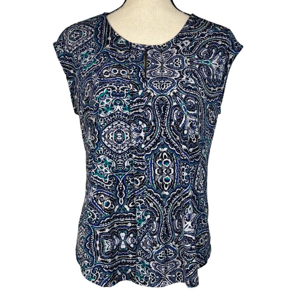 Liz Claiborne Medium Top Abstract Cap Sleeve Keyhole Neck Stretch Blue Multi